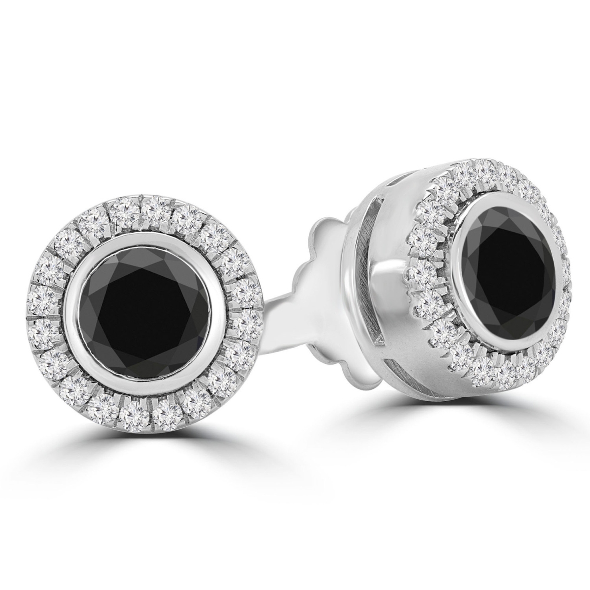 1.5 CTW Round Black Diamond Bezel Set Stud Earrings in 14K White Gold