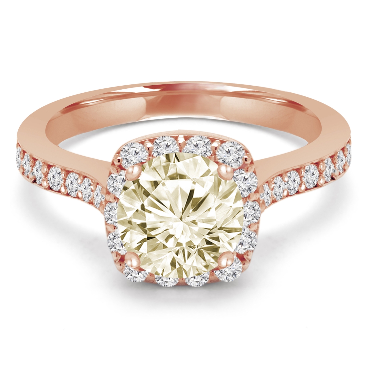 1.4 CTW Round Champagne Diamond Cathedral Cushion Halo Engagement Ring in 14K Rose Gold - Size 9