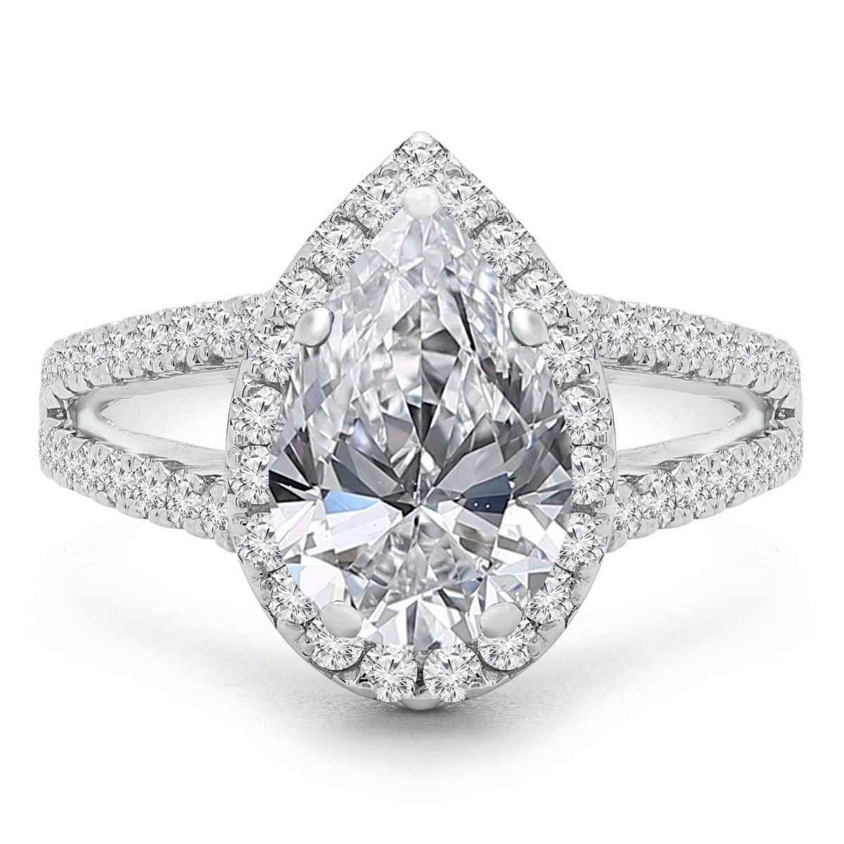 MD240078-3.5 2.4 CTW Pear Diamond Split-Shank Pear Halo Engagement Ring with Accents in 14K White Gold - Size 3.5