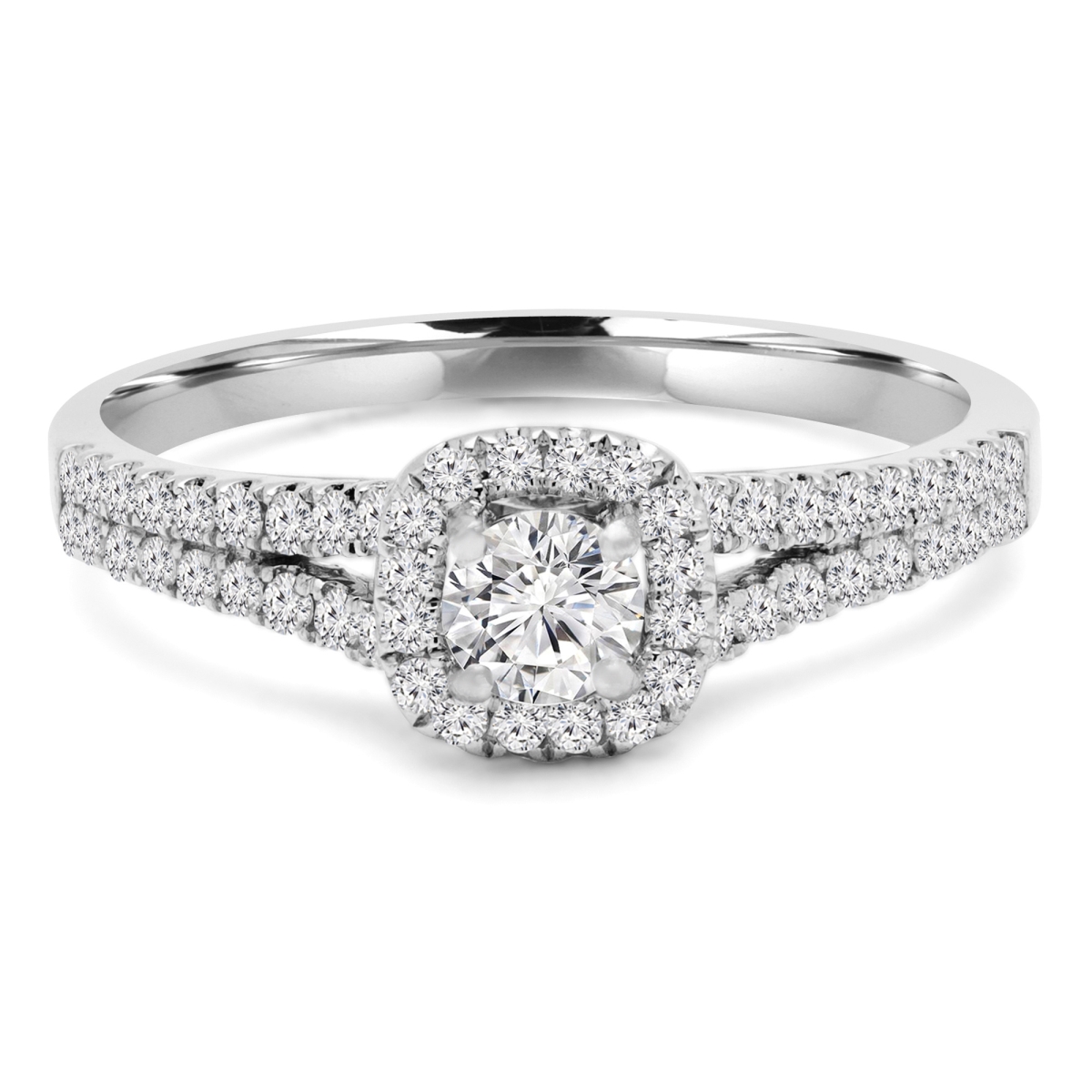 MD240086-6 0.5 CTW Round Diamond Split-Shank Cushion Halo Engagement Ring with Accents in 14K White Gold - Size 6
