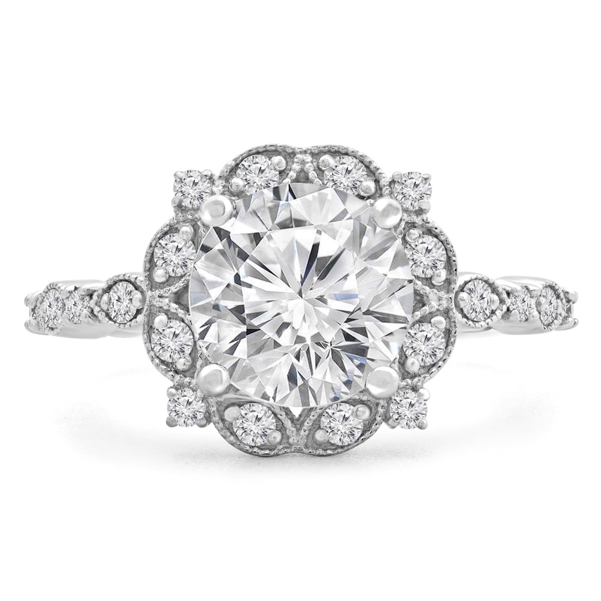 0.88 CTW Round Diamond Vintage Floral Halo Engagement Ring in 14K White Gold - Size 4.5