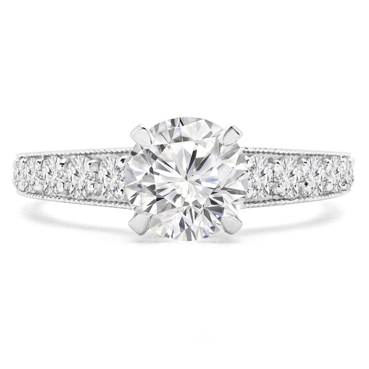 1.25 CTW Round Lab Created Diamond Vintage Tapered Solitaire with Accents Engagement Ring in 14K White Gold - Size 4