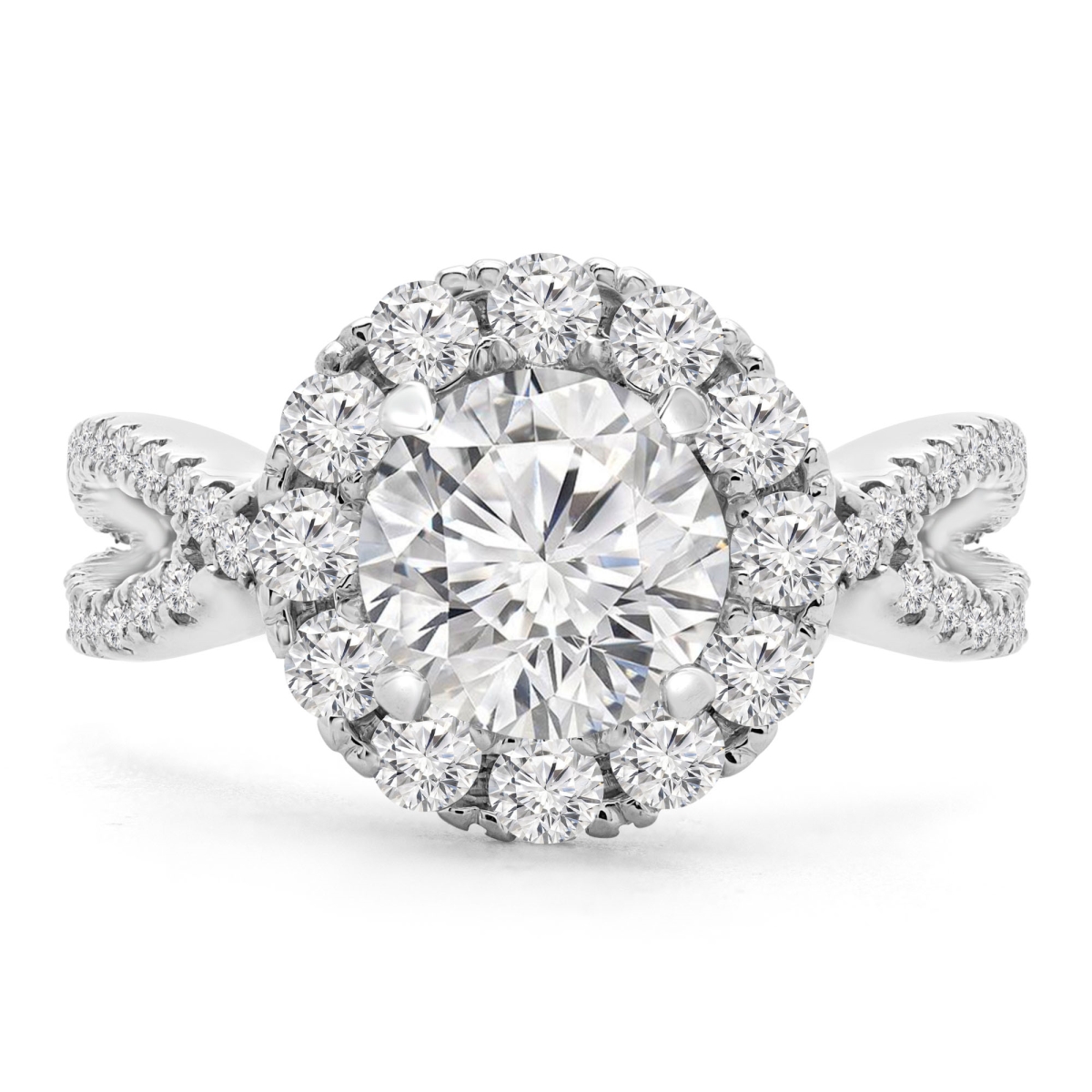 2.25 CTW Round Lab Created Diamond Twisted Split-Shank Halo Engagement Ring in 14K White Gold - Size 5
