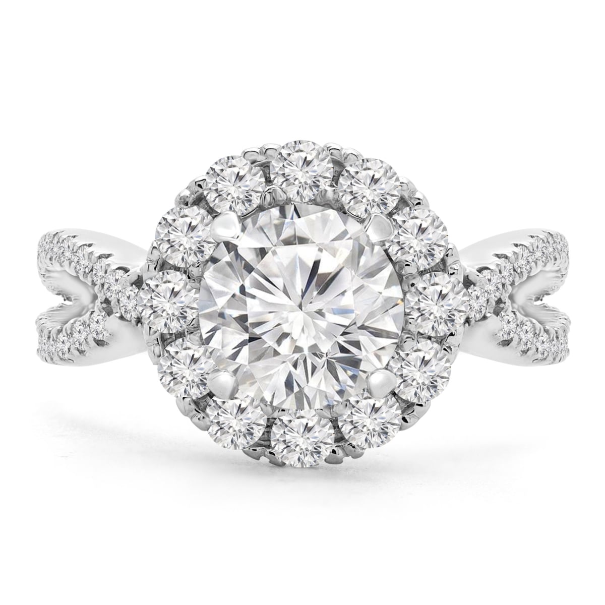 2.25 CTW Round Lab Created Diamond Twisted Split-Shank Halo Engagement Ring in 14K White Gold - Size 8