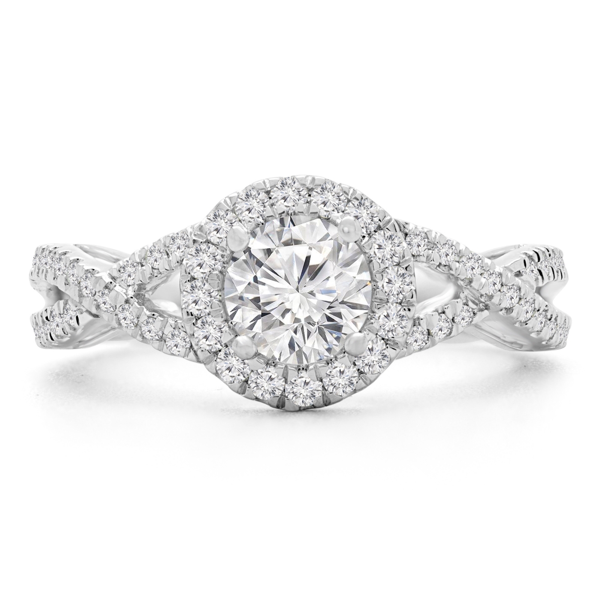 MD240185-8 1.1 CTW Round Lab Created Diamond Twisted-Shank Halo Engagement Ring in 14K White Gold - Size 8