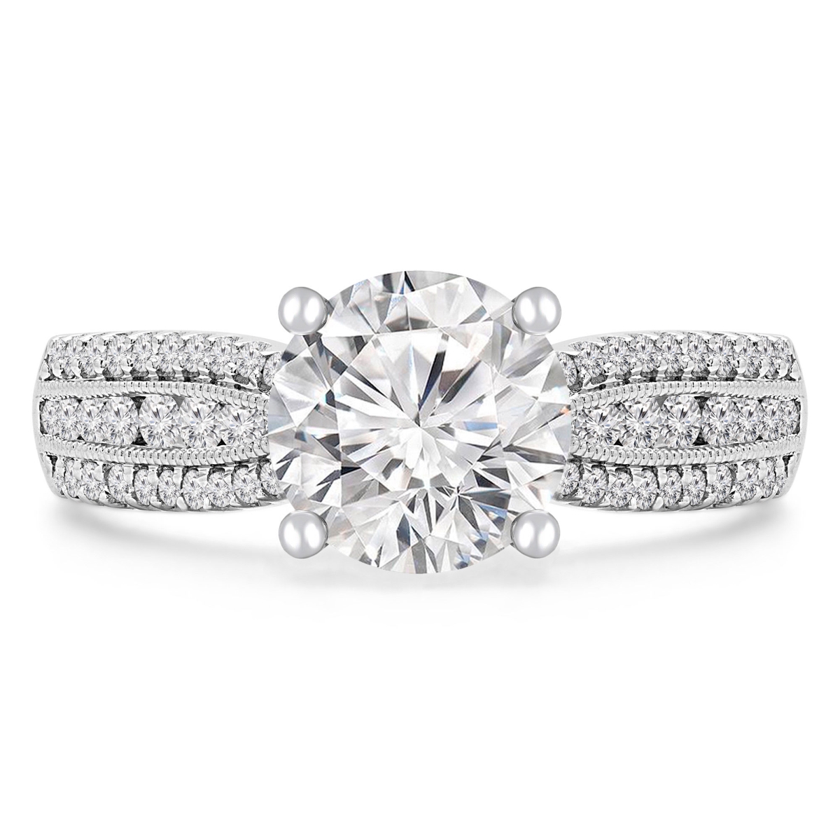 MD240199-6.5 2.38 CTW Round Lab Created Diamond Three-Row Tapered Solitaire with Accents Engagement Ring in 18K White Gold - Size 6.5