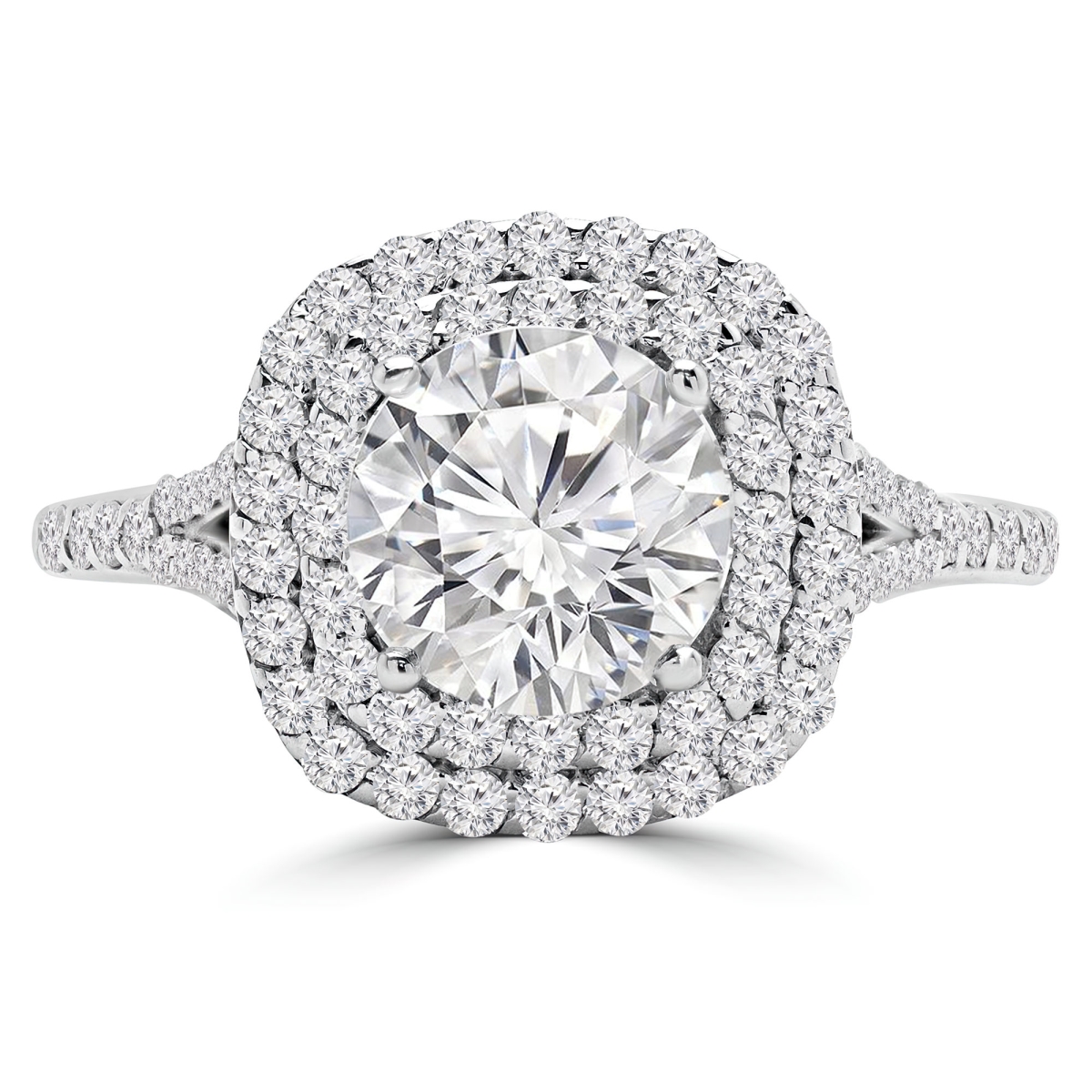 MD240222-9 1.2 CTW Round Diamond Split-Shank Double Cushion Halo Engagement Ring in 14K White Gold - Size 9