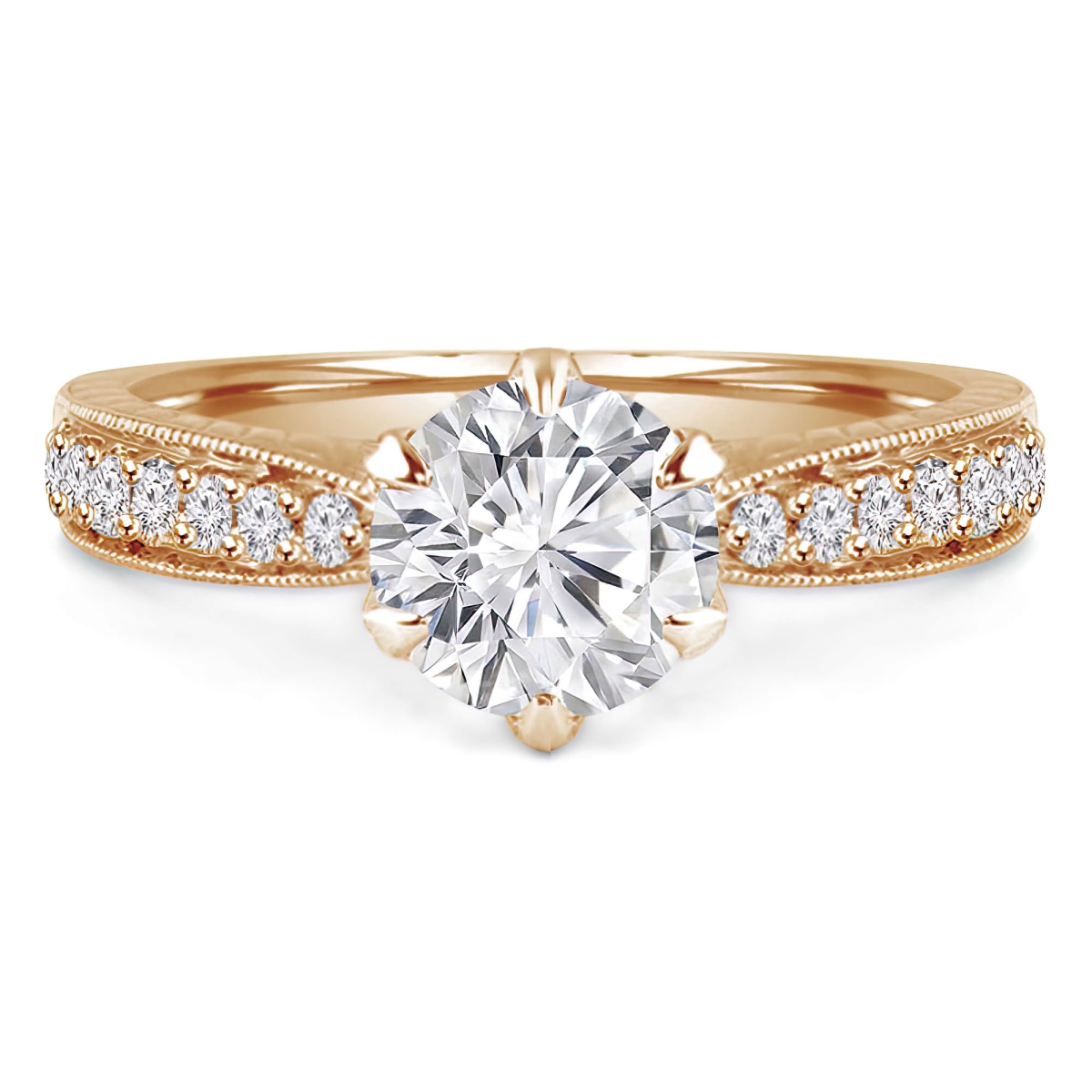 1.1 CTW Round Lab Created Diamond Vintage 6-Prong Tapered Solitaire with Accents Engagement Ring in 14K Yellow Gold - Size 4 to 9