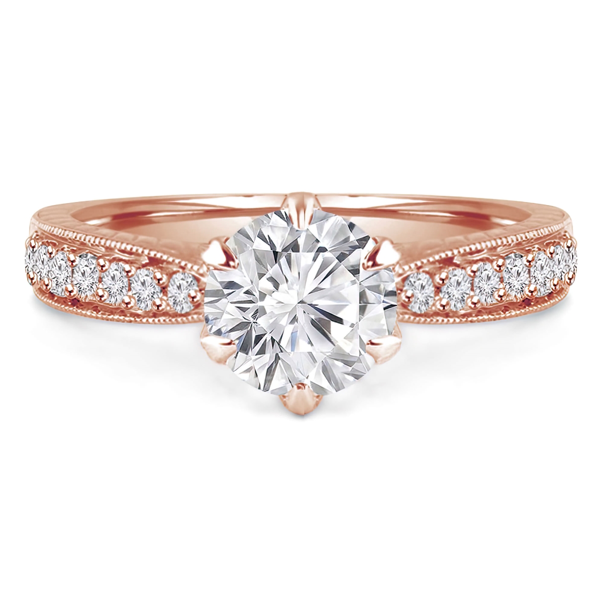 Picture of Majesty Diamonds MD240268-P 0.8 CTW Round Lab Created Diamond Vintage 6-Prong Tapered Solitaire with Accents Engagement Ring in 14K Rose Gold - Size 4 to 9