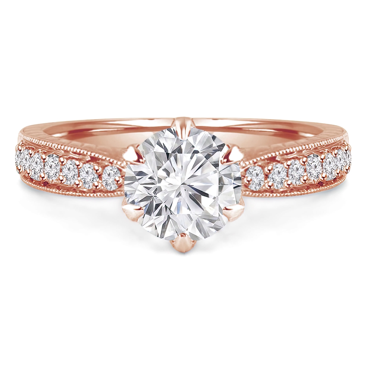 0.8 CTW Round Lab Created Diamond Vintage 6-Prong Tapered Solitaire with Accents Engagement Ring in 14K Rose Gold - Size 5