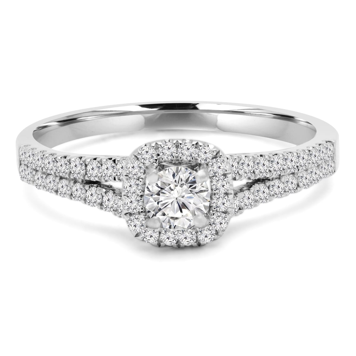 MD240086-7.5 0.5 CTW Round Diamond Split-Shank Cushion Halo Engagement Ring with Accents in 14K White Gold - Size 7.5