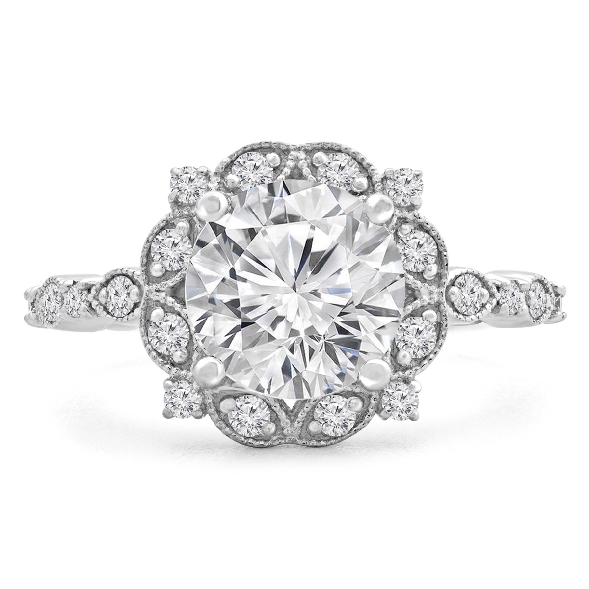 0.88 CTW Round Diamond Vintage Floral Halo Engagement Ring in 14K White Gold - Size 5.5
