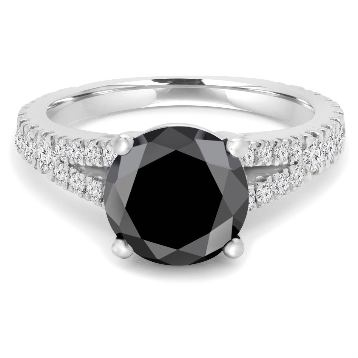 MD240122-6.5 2.4 CTW Round Black Diamond Cathedral Split-Shank Solitaire with Accents Engagement Ring in 14K White Gold - Size 6.5