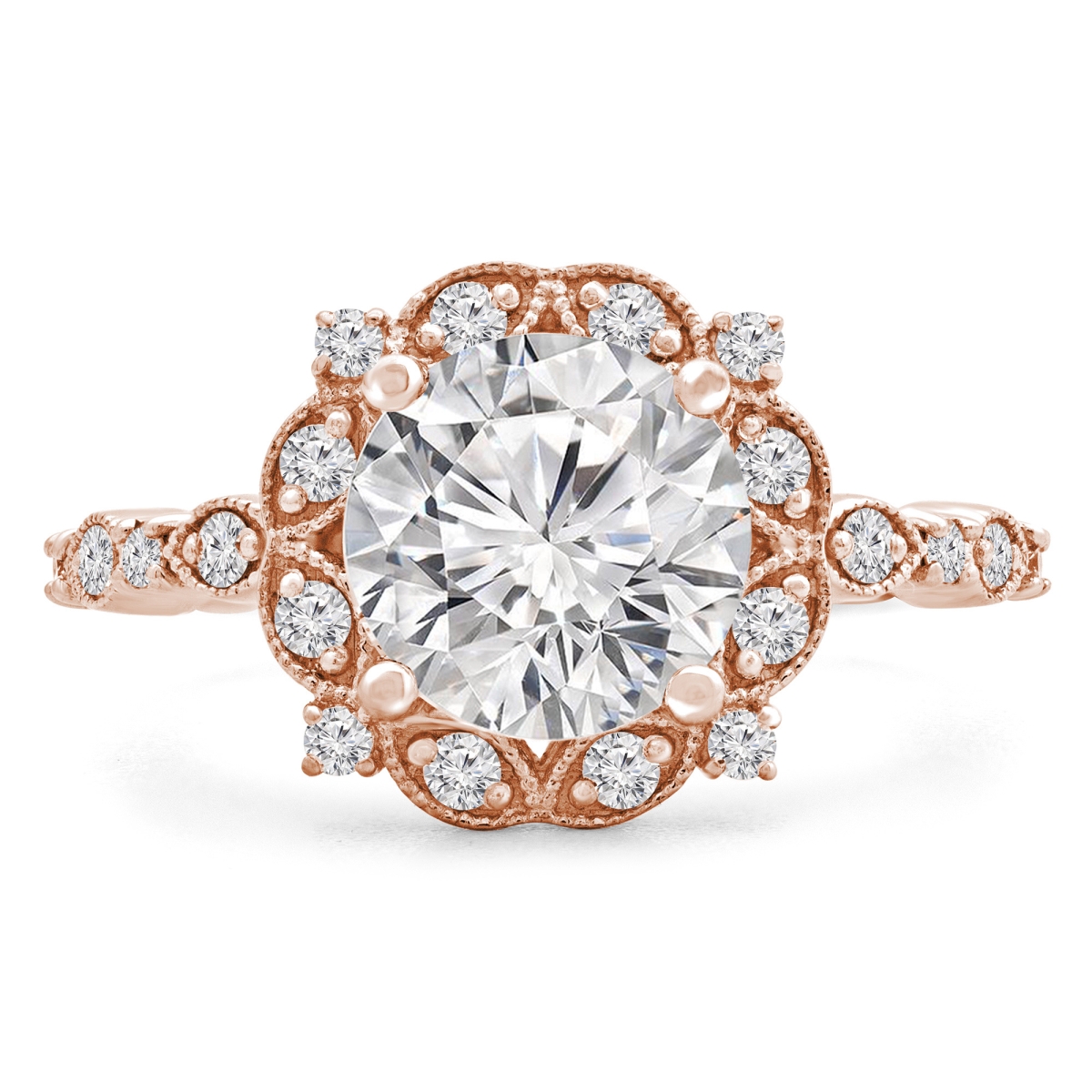 0.8 CTW Round Diamond Vintage Floral Halo Engagement Ring with Accents in 14K Rose Gold - Size 4