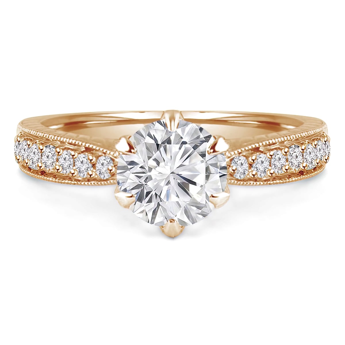 1.1 CTW Round Lab Created Diamond Vintage 6-Prong Tapered Solitaire with Accents Engagement Ring in 14K Yellow Gold - Size 7.5