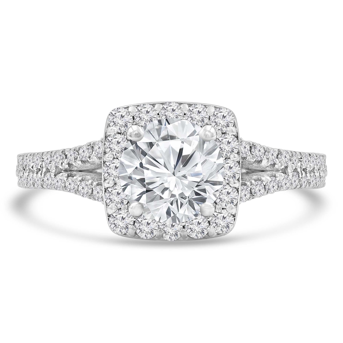 1.8 CTW Round Diamond Two-Row Split-Shank Cushion Halo Engagement Ring in 18K White Gold - Size 4