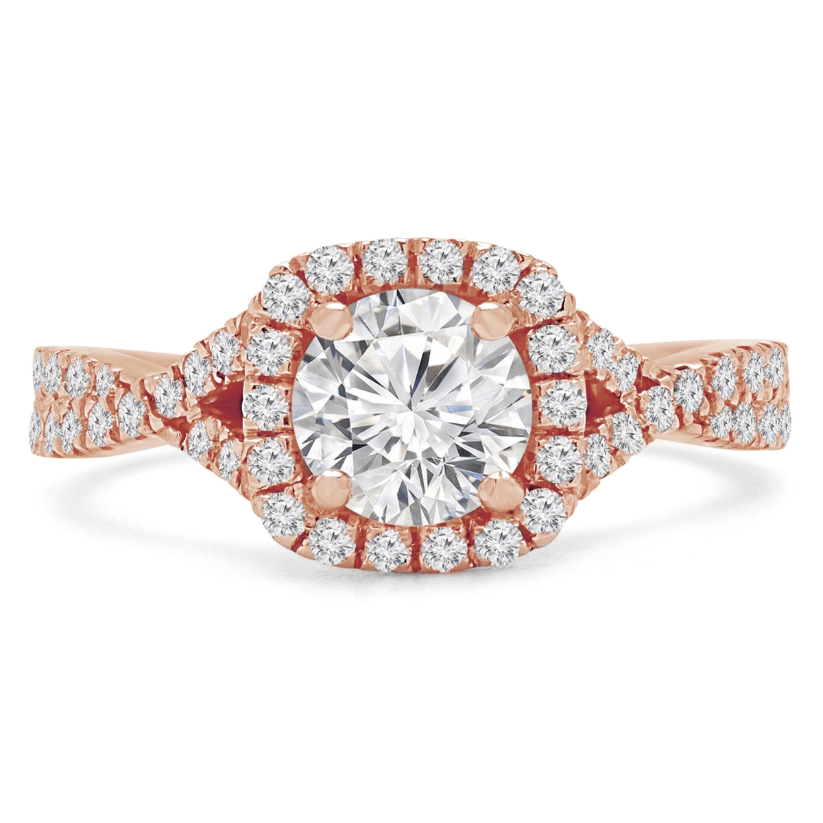 MD240110-4.5 1.5 CTW Round Lab Created Diamond Twisted Split-Shank Cushion Halo Engagement Ring with Accents in 14K Rose Gold - Size 4.5