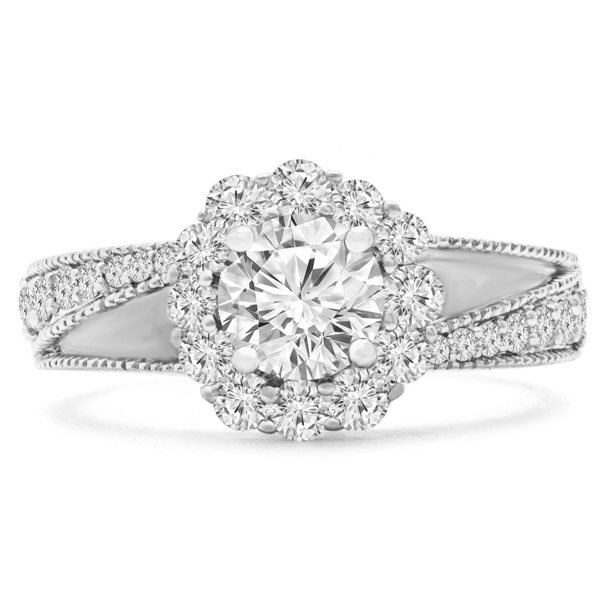 MD240181-6.5 1.66 CTW Round Lab Created Diamond Split-Shank Floral Halo Engagement Ring in 14K White Gold - Size 6.5