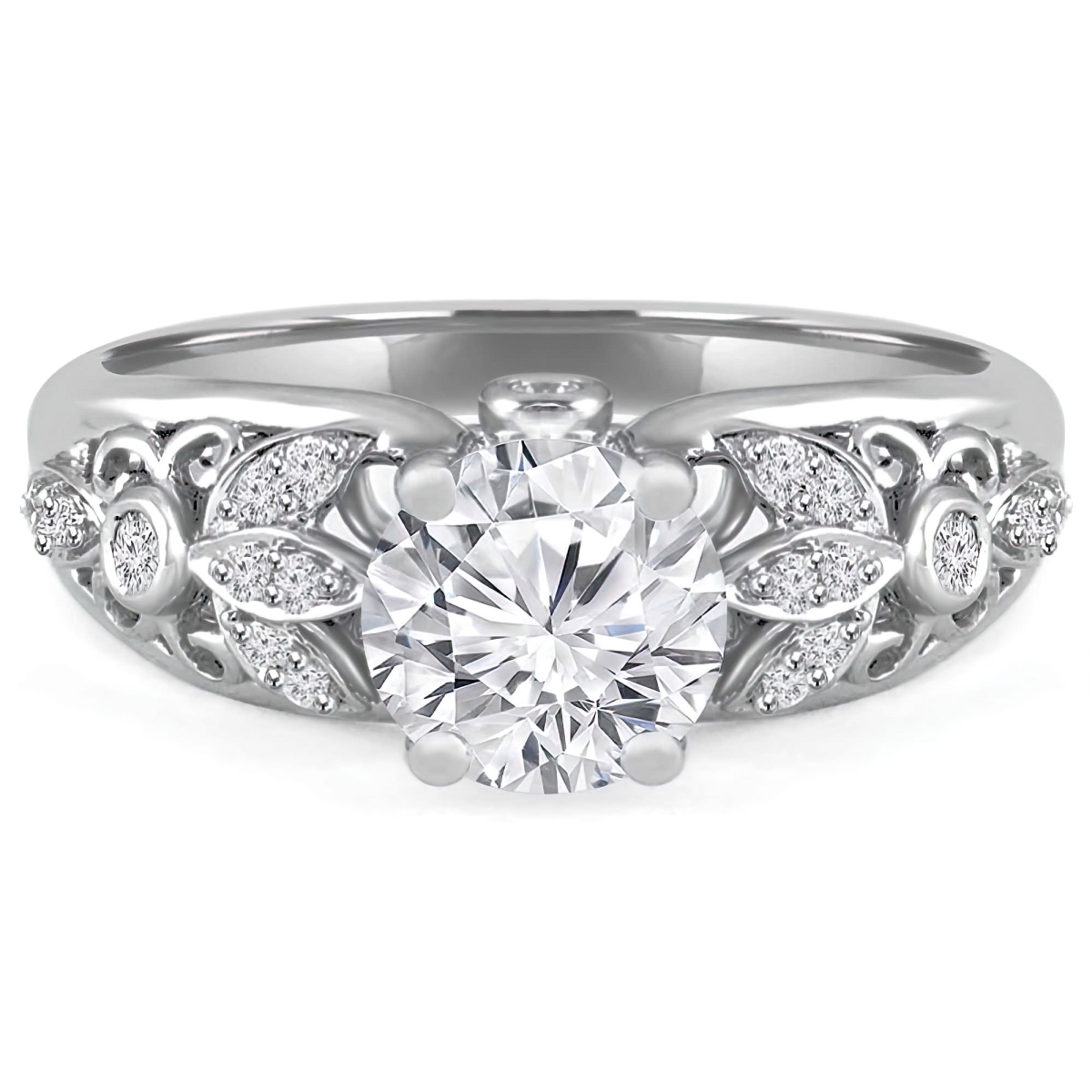 MD240188-4 1.13 CTW Round Lab Created Diamond Vintage Floral Solitaire with Accents Engagement Ring in 14K White Gold - Size 4