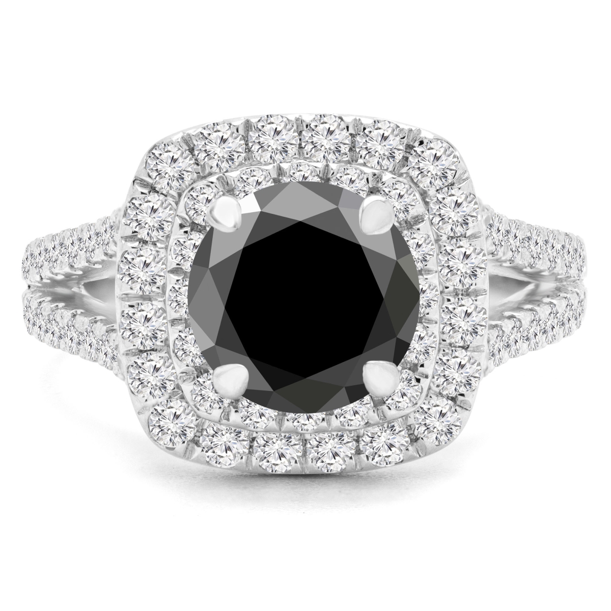 2.5 CTW Round Black Diamond Split-Shank Double Cushion Halo Engagement Ring with Accents in 14K White Gold - Size 7
