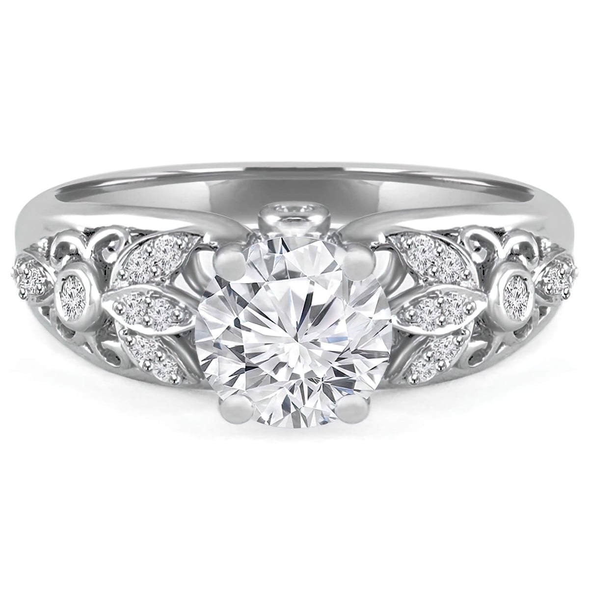 MD240188-9 1.13 CTW Round Lab Created Diamond Vintage Floral Solitaire with Accents Engagement Ring in 14K White Gold - Size 9