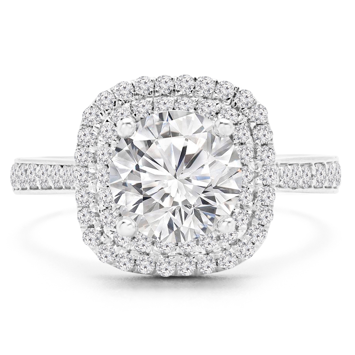 0.88 CTW Round Lab Created Diamond Tapered Double Cushion Halo Engagement Ring in 14K White Gold - Size 5