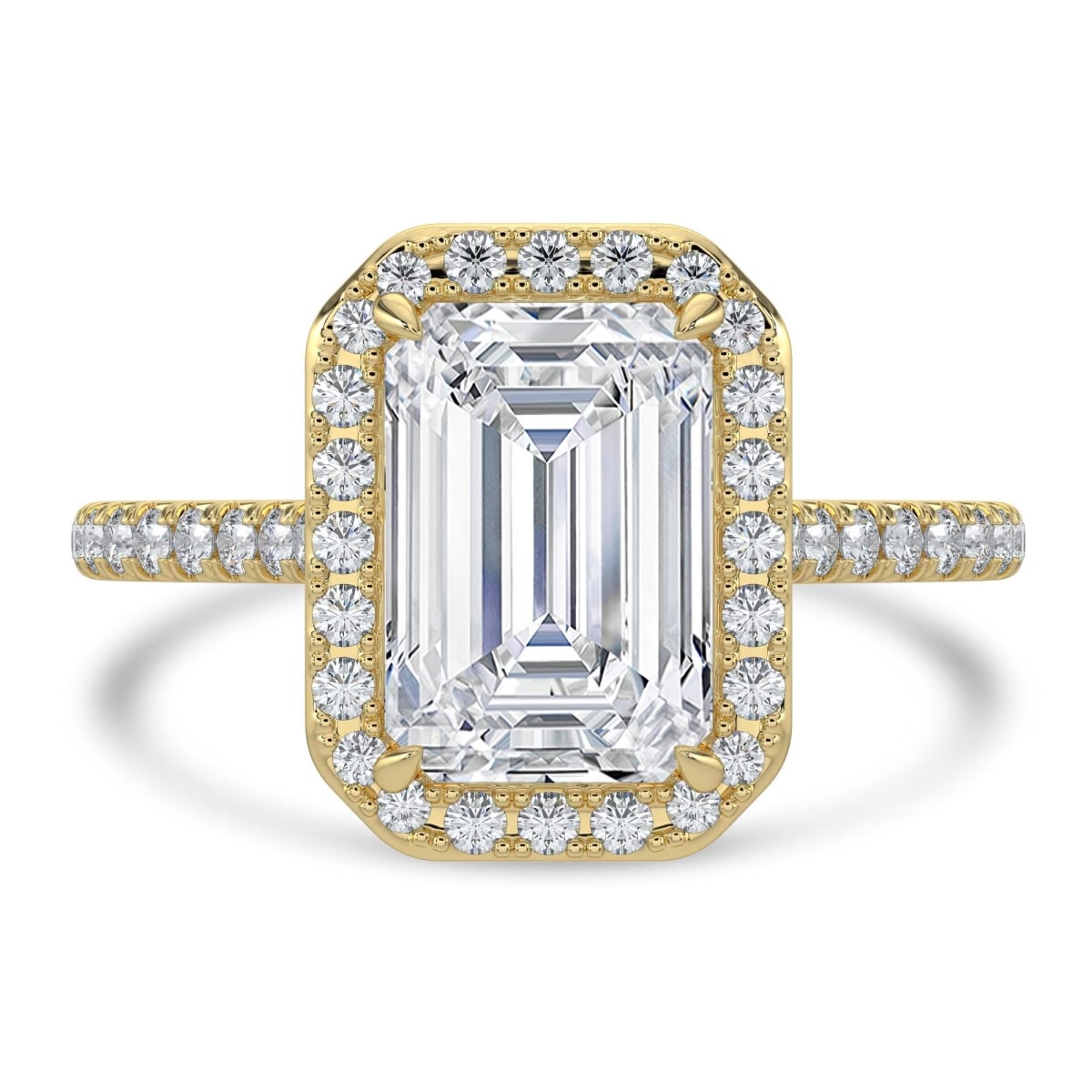 MD250178-3.5 3.33 CTW Emerald Lab Created Diamond Cathedral Radiant Halo Engagement Ring - 14K Yellow Gold - Size 3.5