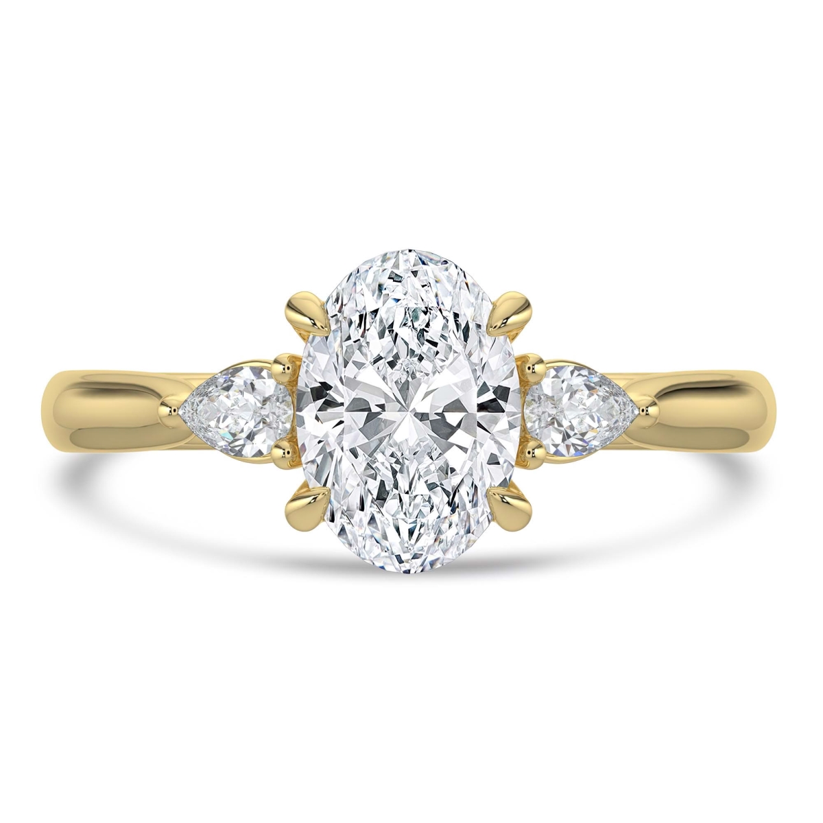 MD250175-8.5 1.5 CTW Oval Lab Created Diamond Cathedral Three-Stone Engagement Ring with Pear Side Stones - 14K Yellow Gold - Size 8.5