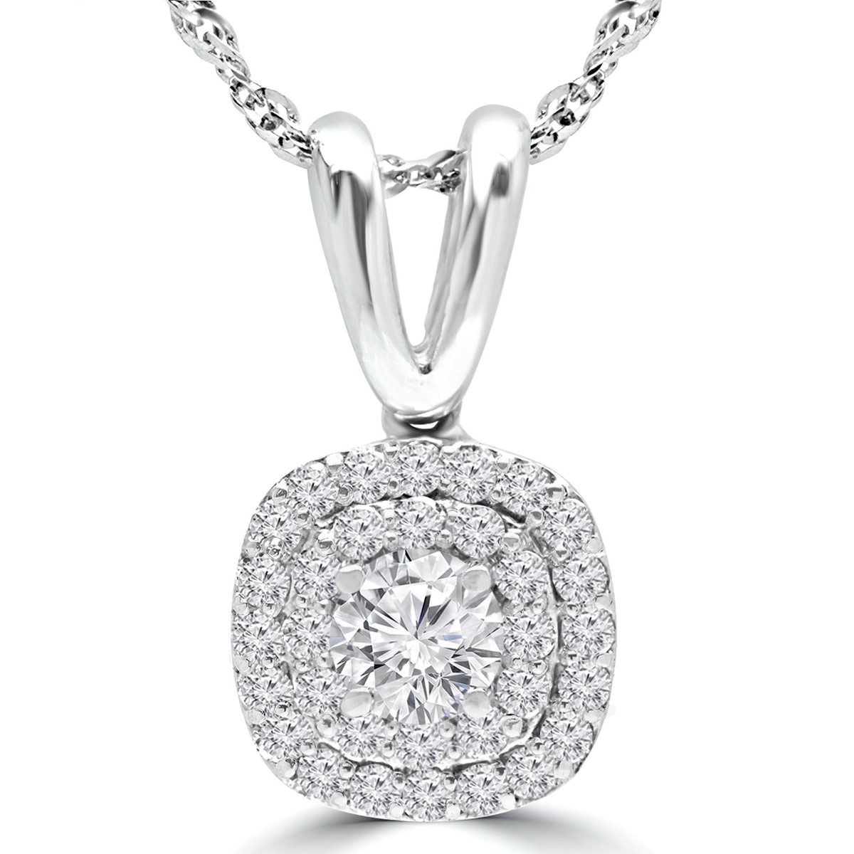 MD250118 0.6 CTW Round Lab Created Diamond Double Cushion Halo Pendant Necklace - 14K White Gold