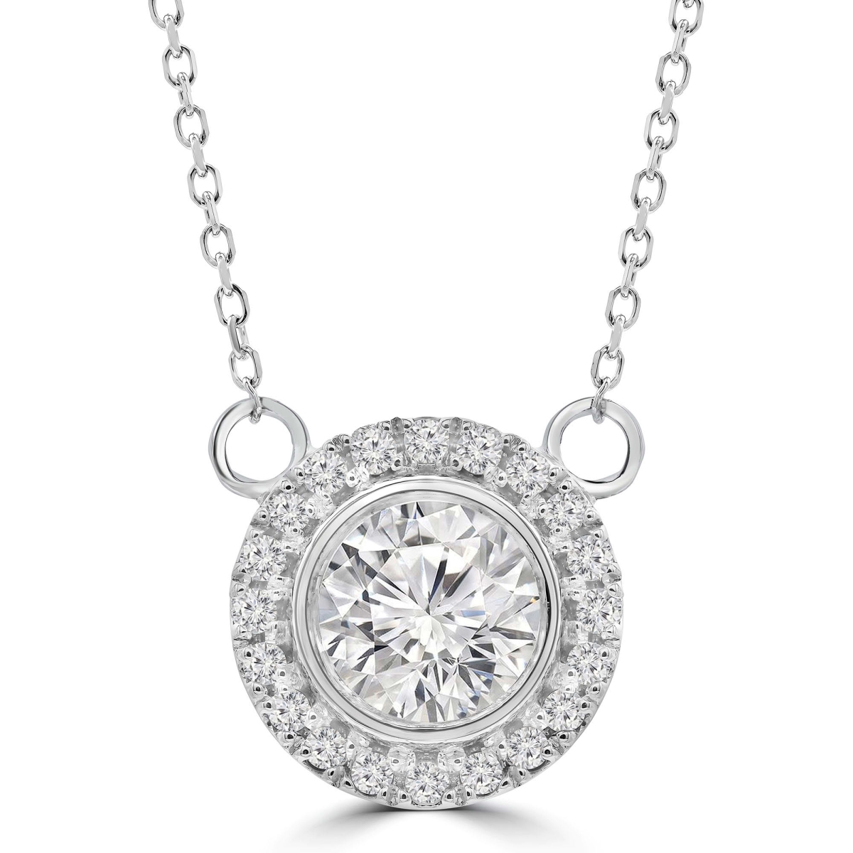 MD250112 14K White Gold 0.5 CTW Round Lab Created Diamond Bezel Set Halo Pendant Necklace