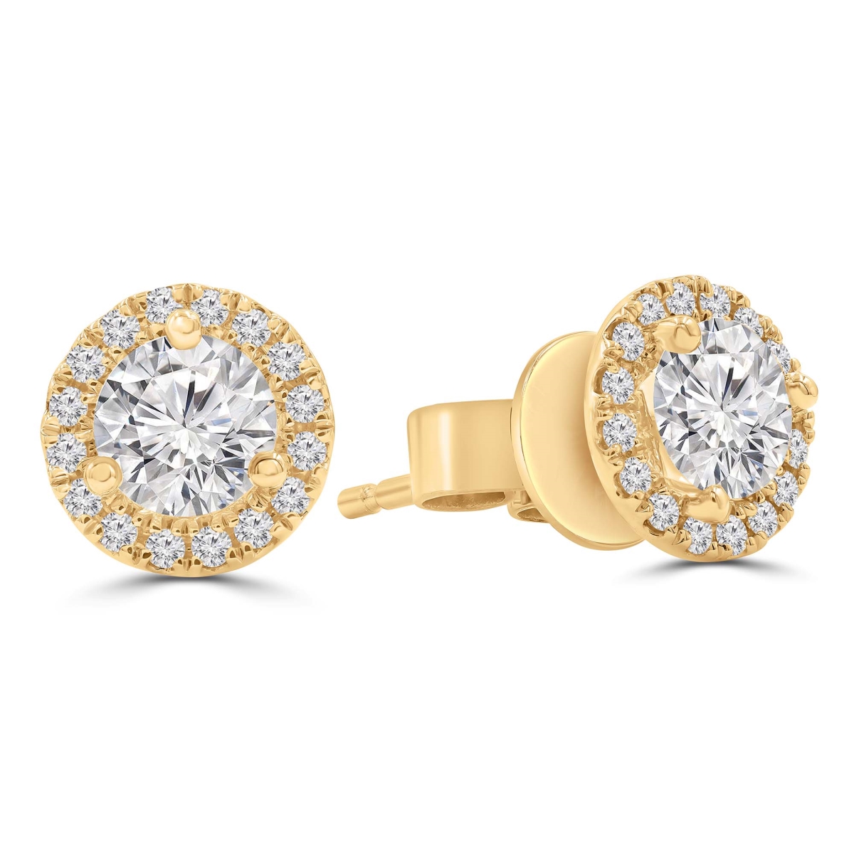 MD250374 1.37 CTW Round Diamond 3-Prong Halo Stud Earrings - 18K Yellow Gold