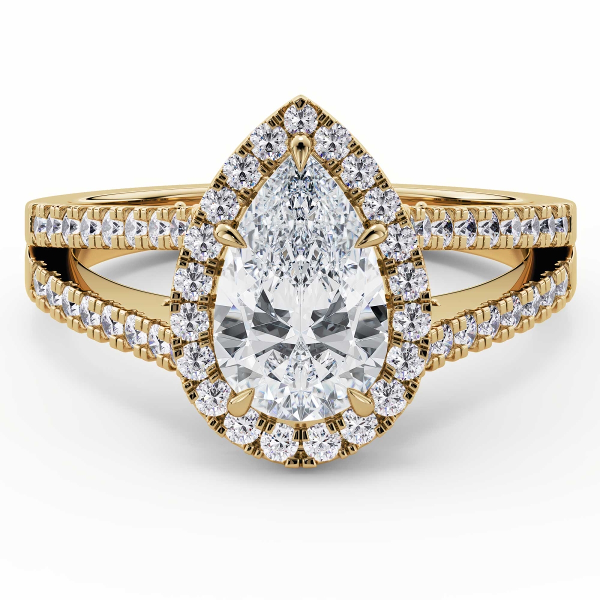 MD250007-6 2.4 CTW Pear Lab Created Diamond Cathedral Split-Shank Halo Engagement Ring with Accents - 14K Yellow Gold - Size 6