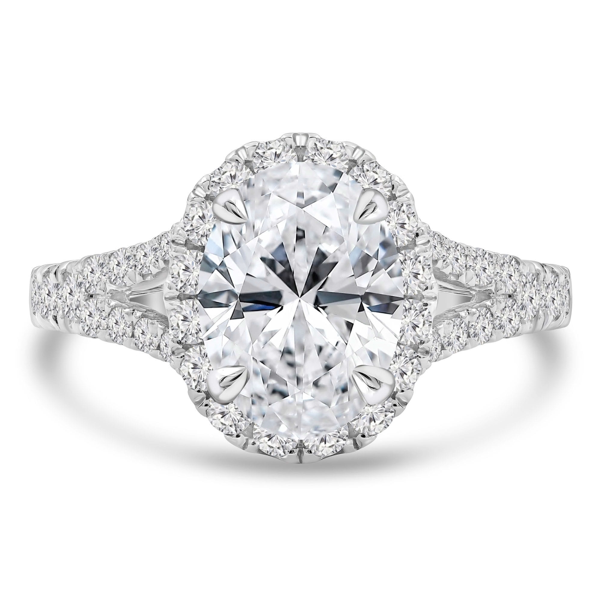 MD250003-P 2.62 CTW Oval Lab Created Diamond Split-Shank Halo Engagement Ring - 18K White Gold - Size 4 to 9