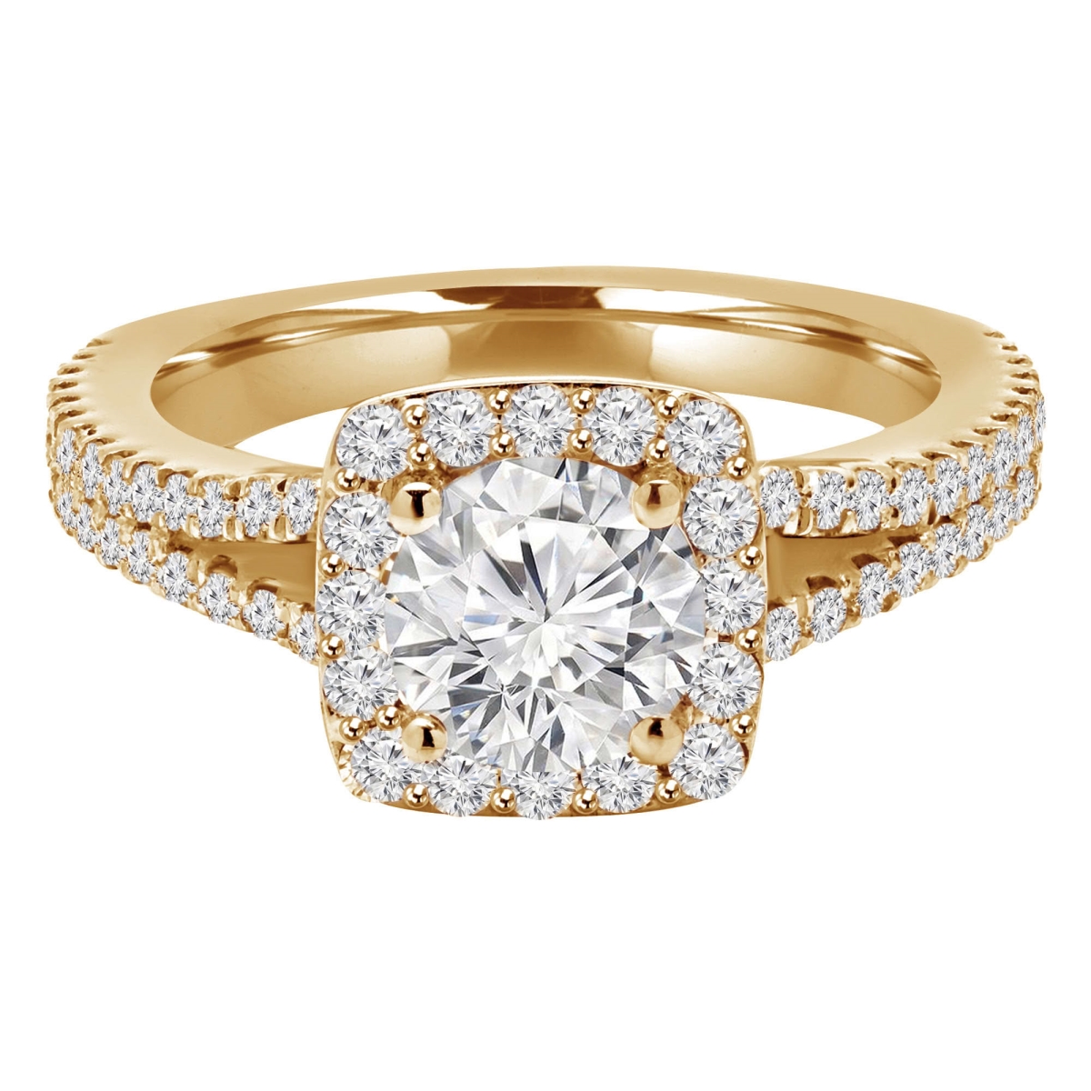 MD250032-5 1.5 CTW Round Diamond Split-Shank Cushion Halo Engagement Ring with Accents - 14K Yellow Gold - Size 5