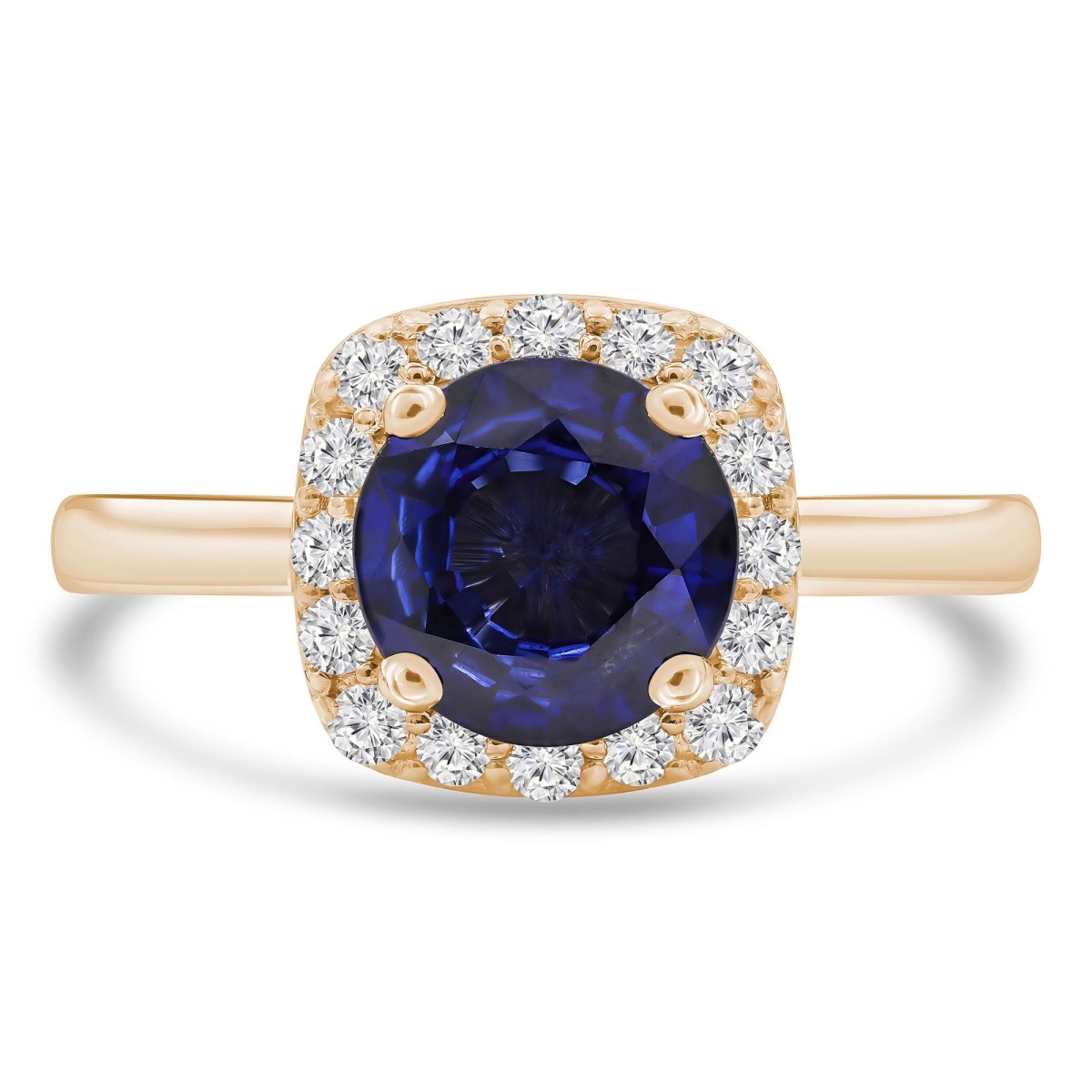 MD250234-4 1.4 CTW Round Blue Sapphire & Diamond Cushion Halo Engagement Ring - 14K Yellow Gold - Size 4