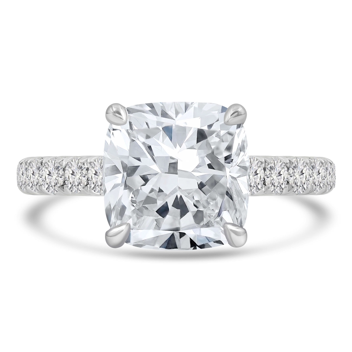 MD250192-8 4.5 CTW Cushion Lab Created Diamond Cathedral Hidden Halo Solitaire with Accents Engagement Ring - 18K White Gold - Size 8