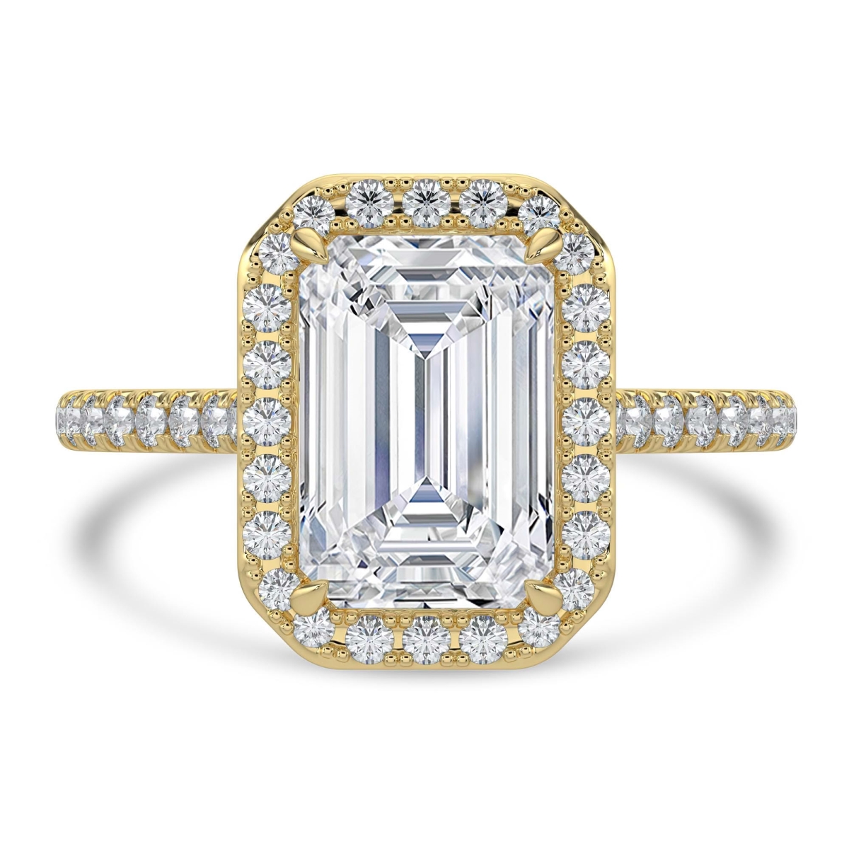 MD250178-3 3.33 CTW Emerald Lab Created Diamond Cathedral Radiant Halo Engagement Ring - 14K Yellow Gold - Size 3