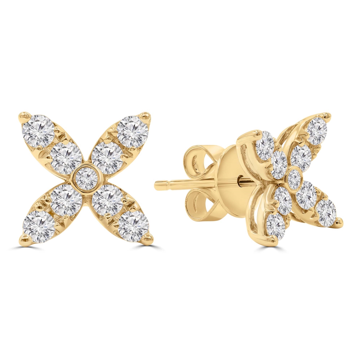 MD250379 0.62 CTW Round Diamond Floral Stud Earrings - 18K Yellow Gold
