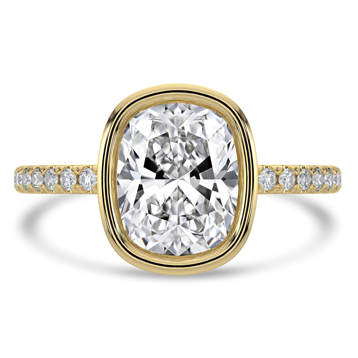MD250412-3.5 2.2 CTW Cushion Lab Created Diamond Bezel Set Open Bridge Solitaire with Accents Engagement Ring - 14K Yellow Gold - Size 3.5