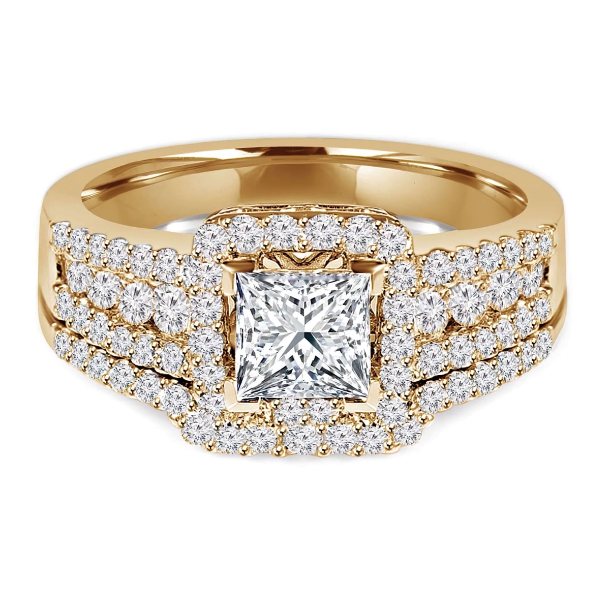 MD250029-4 1.25 CTW Princess Diamond Three-Row Halo Engagement Ring & Wedding Band Set with Accents - 18K Yellow Gold - Size 4