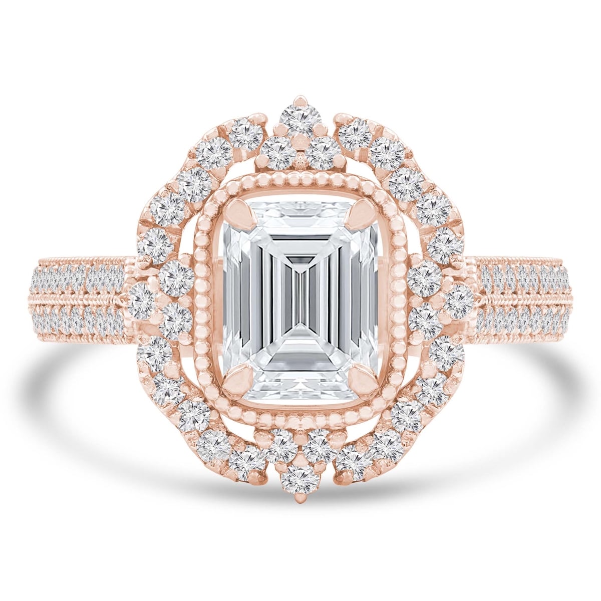 MD250010-3.5 1.62 CTW Emerald Lab Created Diamond Vintage Two-Row Floral Halo Engagement Ring - 14K Rose Gold - Size 3.5
