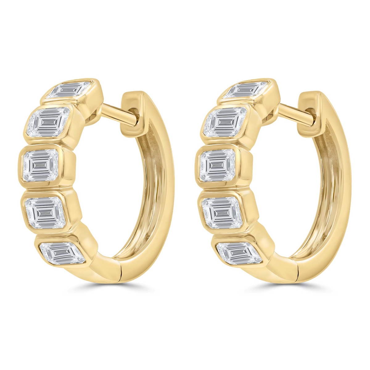 MD250309 1.5 CTW Emerald Lab Created Diamond Bezel Set Huggie Earrings - 14K Yellow Gold