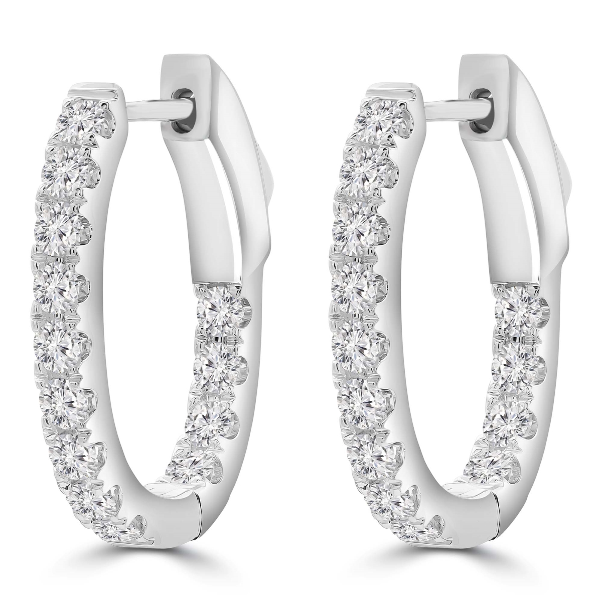 MD250359 0.9 CTW Round Diamond Inside Outside Hoop Huggie Earrings - 18K White Gold