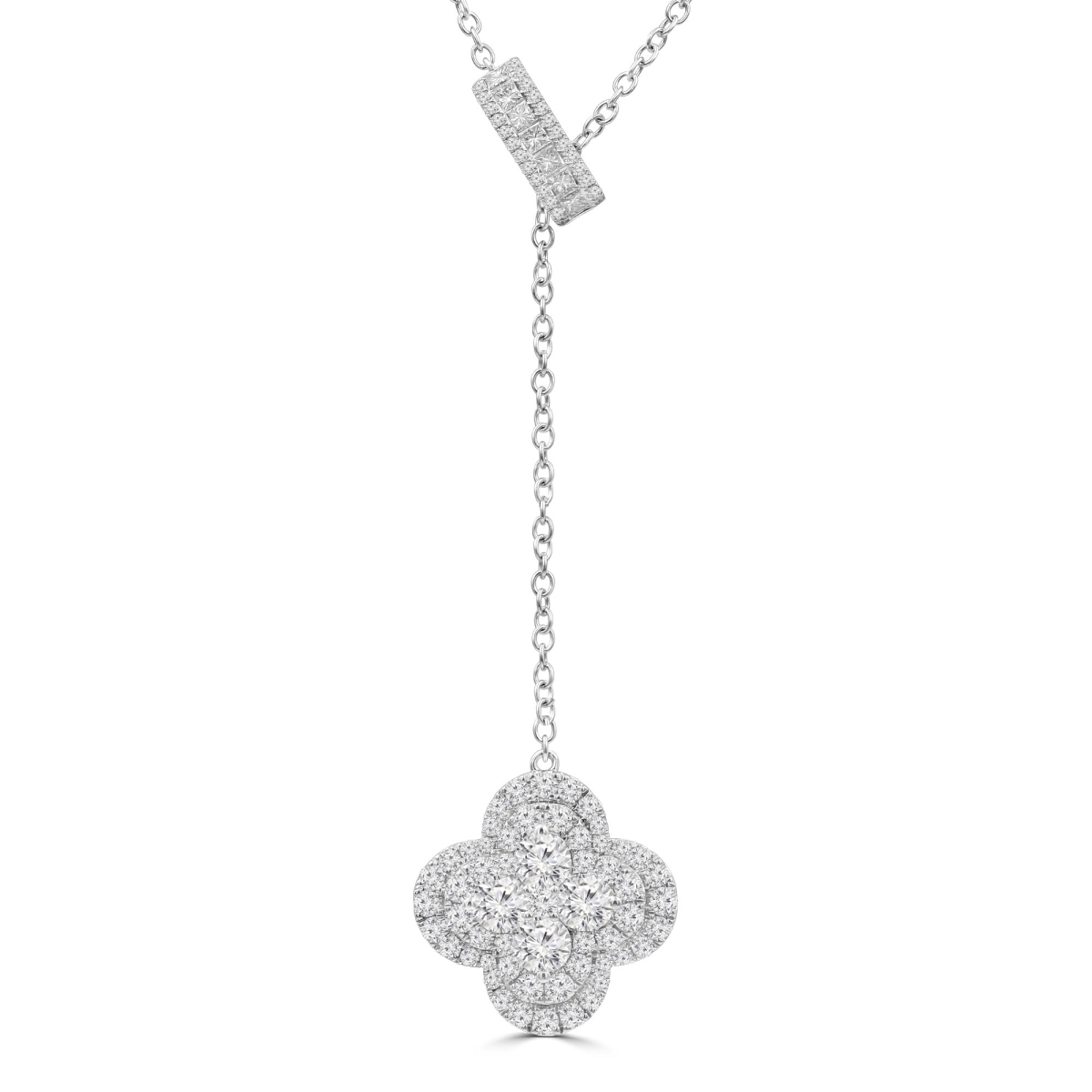 MD250348 1.8 CTW Round Diamond Y-Chain Floral Double Halo Cluster Clover with Oval Link Necklace - 18K White Gold