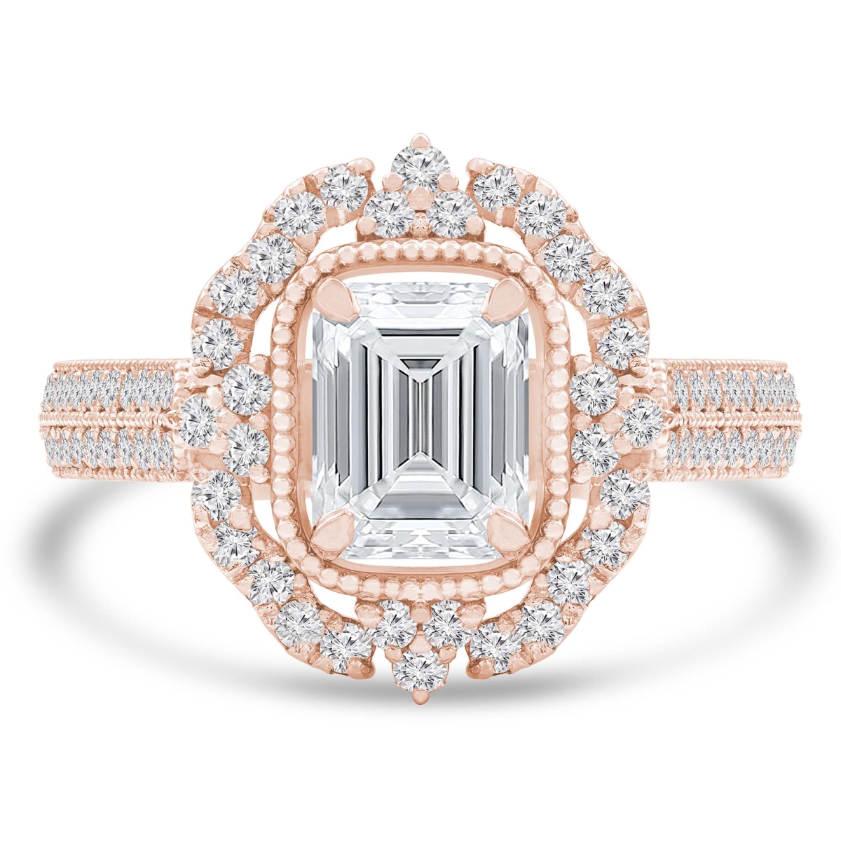 MD250010-6.5 1.62 CTW Emerald Lab Created Diamond Vintage Two-Row Floral Halo Engagement Ring - 14K Rose Gold - Size 6.5