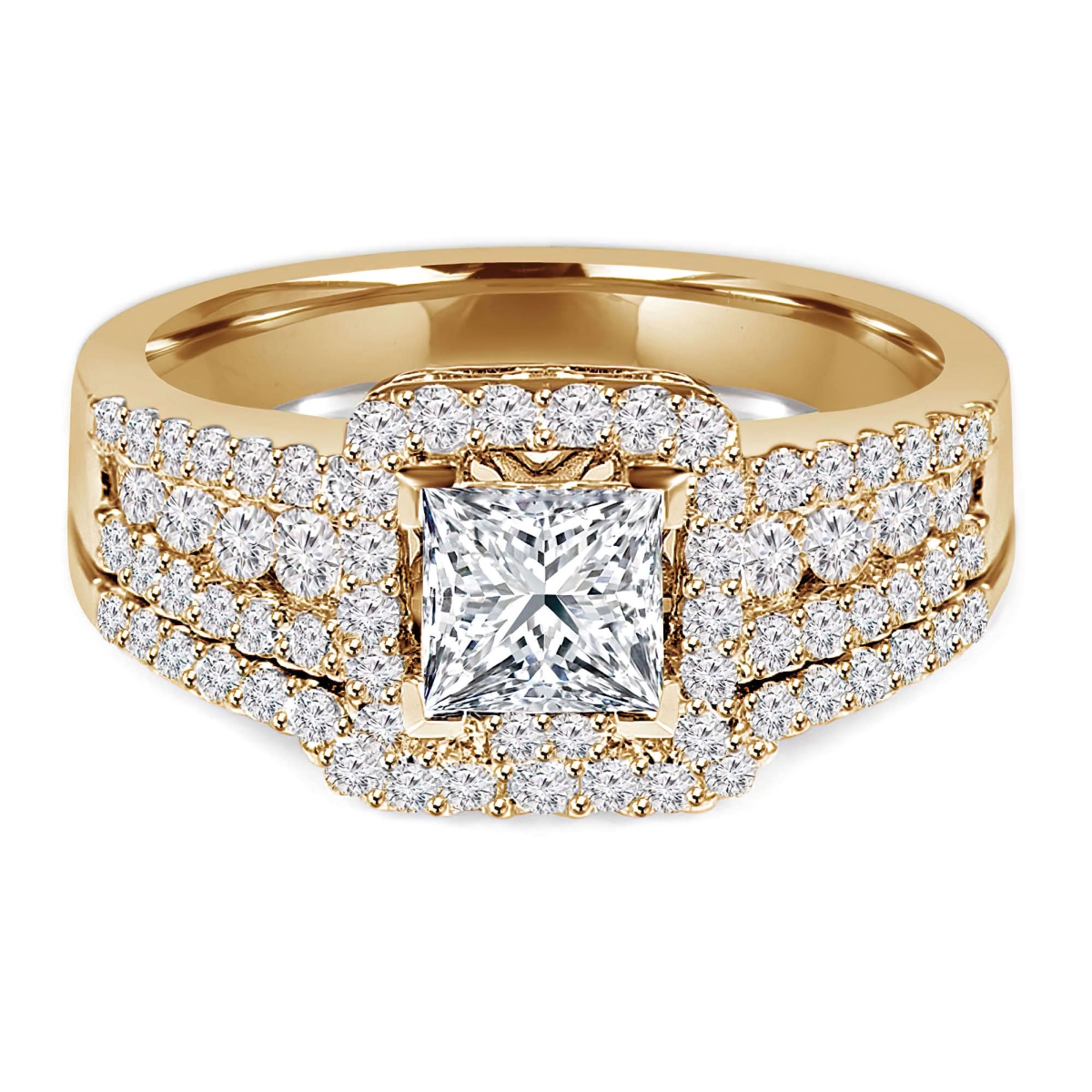 MD250029-P 1.25 CTW Princess Diamond Three-Row Halo Engagement Ring & Wedding Band Set with Accents - 18K Yellow Gold - Size 4 to 9