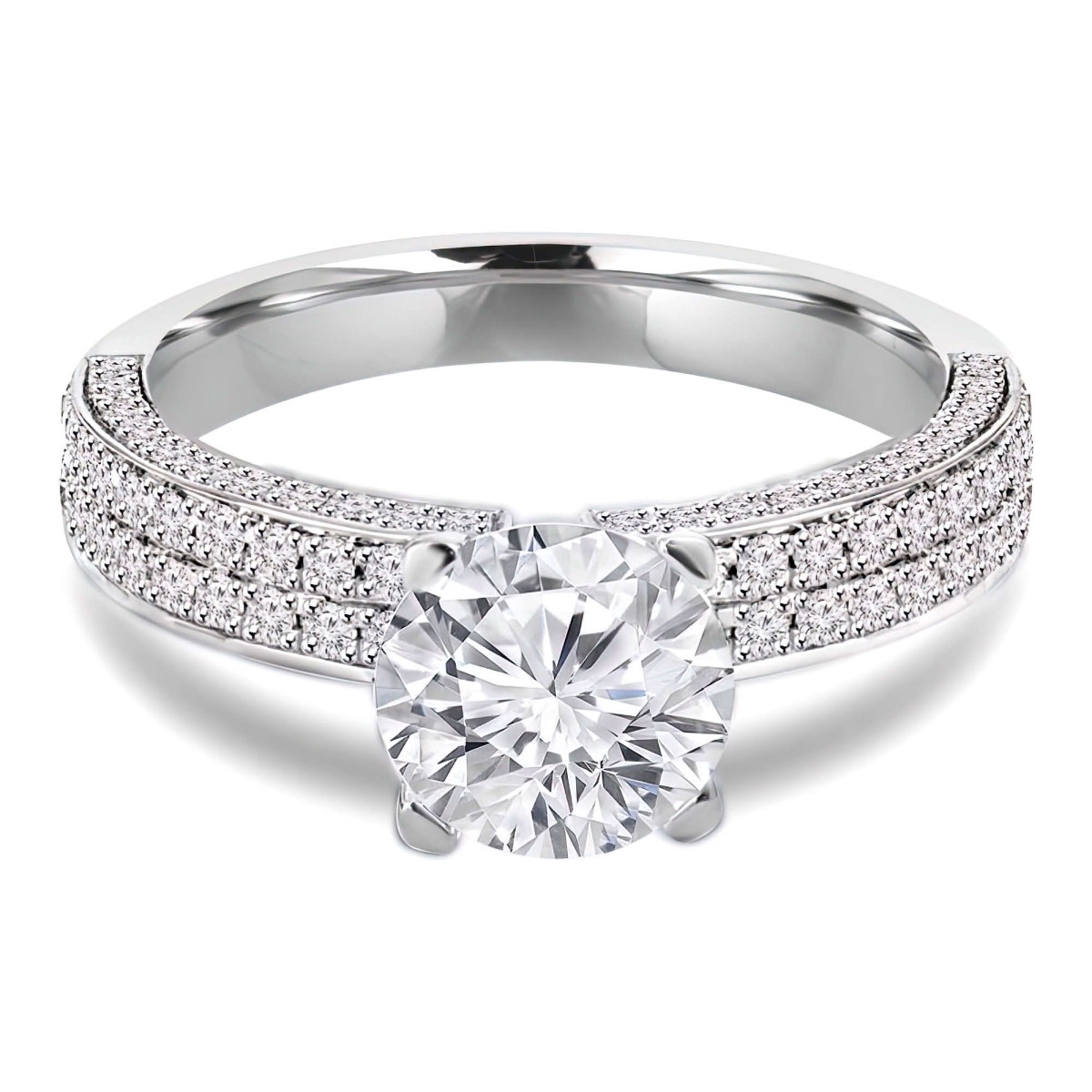 MD240420-8.5 1.5 CTW Round Diamond Two-Row High Set Solitaire with Accented Profile Engagement Ring - 18K White Gold - Size 8.5