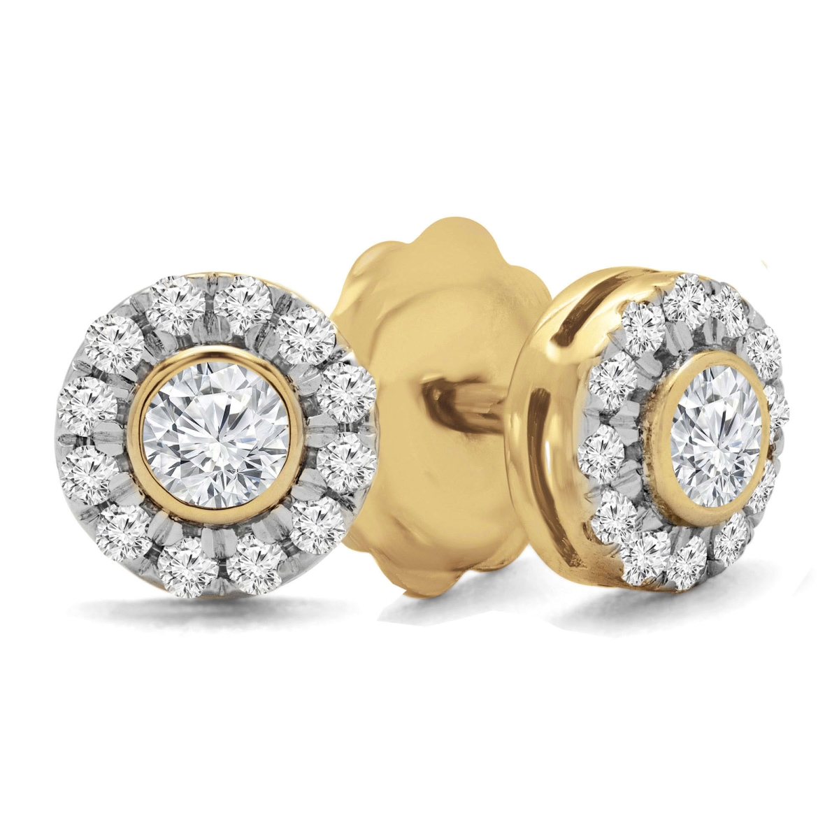 MD240424 0.33 CTW Round Diamond Bezel Set Halo Earrings - 14K Yellow Gold