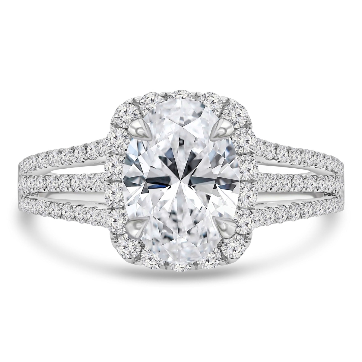 MD250203-4 2.12 CTW Oval Lab Created Diamond Three-Row Split-Shank Cushion Halo Engagement Ring - 18K White Gold - Size 4