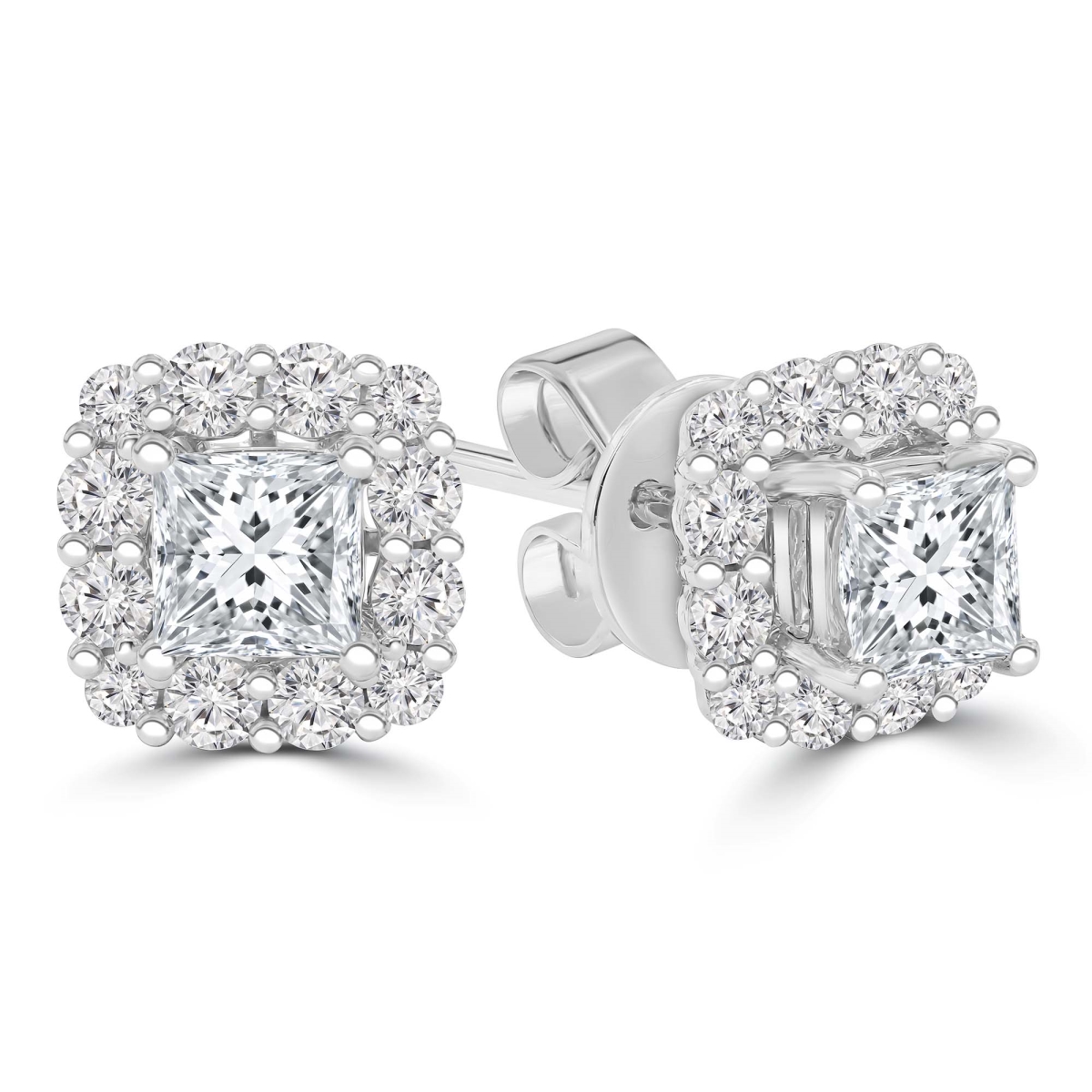 MD250376 0.9 CTW Princess Diamond Cushion Halo Stud Earrings - 18K White Gold